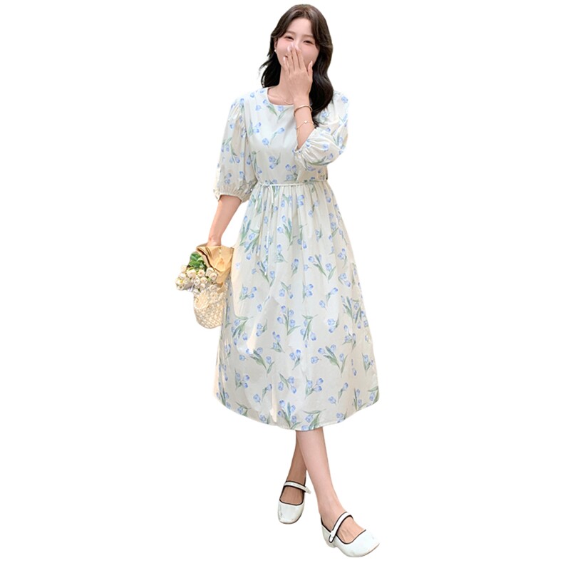 多巴胺粉色碎花连衣裙2025新款女夏森系甜美宽松遮肚显瘦法式长裙,女装连衣裙,天使之佳话