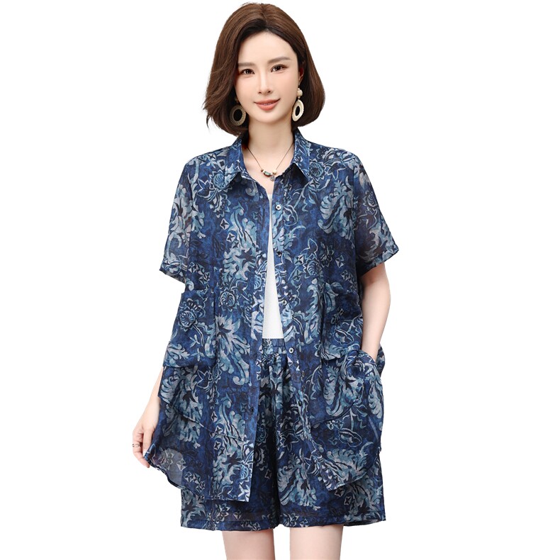 套装女2026年夏季新款时尚宽松中年妈妈大码短裤两件套,女装套装/套裙,江忆布依