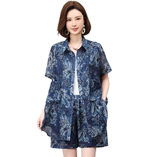 套装女2026年夏季新款时尚宽松中年妈妈大码短裤两件套，女装套装/套裙，江忆布依