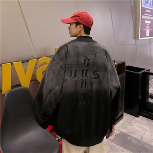 美式复古字母刺绣渐变棒球服男女秋季做旧水洗宽松情侣装夹克外套图片
