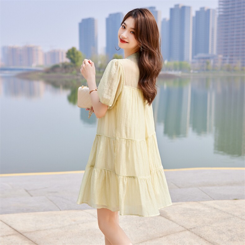 2023新款夏季女装天丝泡泡袖短袖显瘦减龄连衣裙,女装连衣裙,安之芮娜