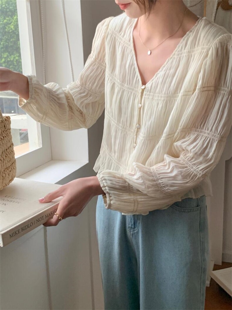 褶皱法式木耳边V领小衫，其它，DAP