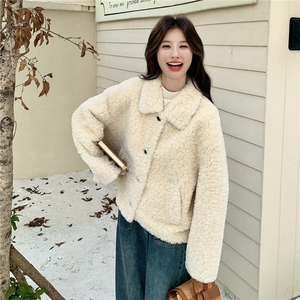 韩版宽松显瘦百搭加厚保暖羊羔毛外套女秋冬新款翻领皮毛一体大衣图片