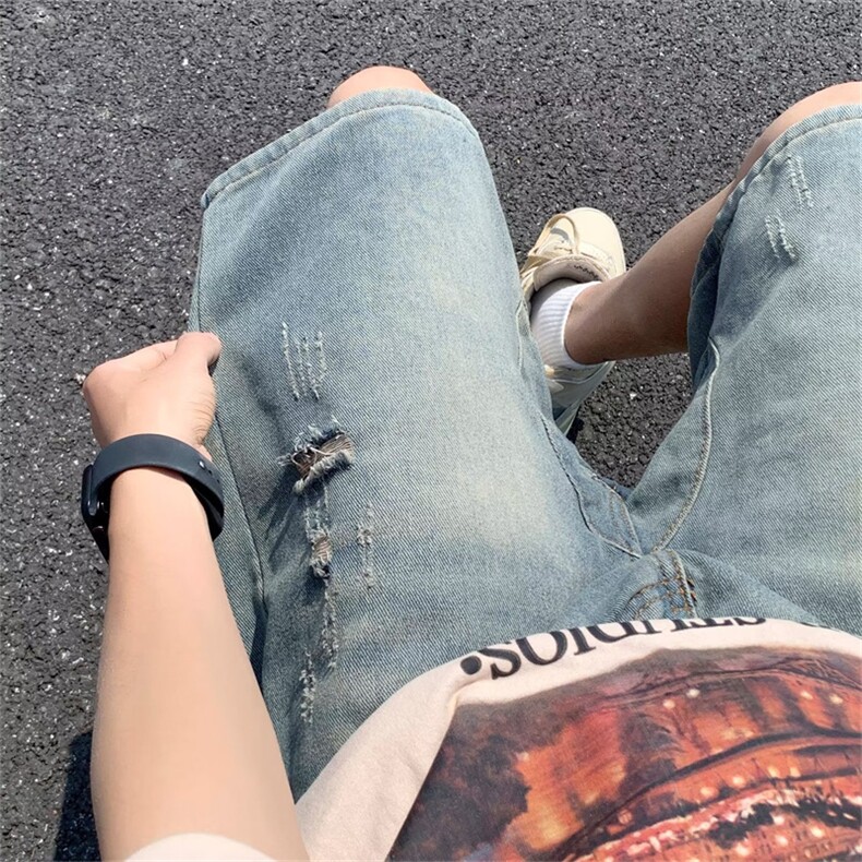 美式高街ins牛仔短裤男女夏季潮流学生痞帅破洞五分裤子SD54-P35图片