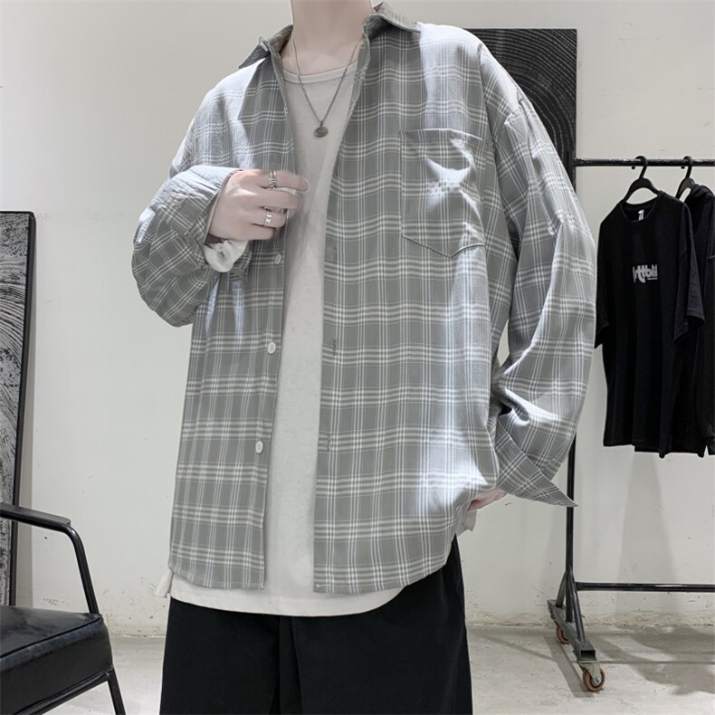 港风秋季小清新外穿长袖衬衫男 百搭休闲格子衬衣外套CS22/P45图片