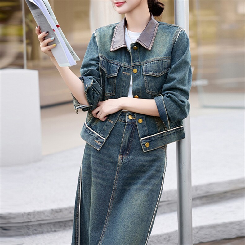 潮牌复古时尚牛仔套装女2024春秋新款洋气炸街短外套阔腿裤两件套,女装套装/套裙,潮流依族