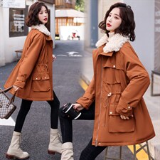 2021冬季新款时尚拼接羊羔毛翻领修身抽绳毛绒内里保暖派克服，女装派克服，菡迪欧娜