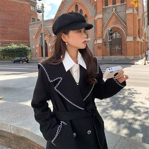 水衣源2533款纯色镶条海军领毛呢羽绒服中长款女图片