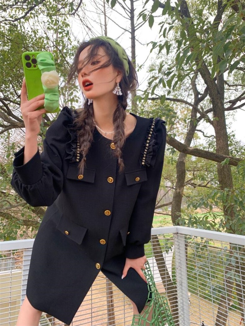 中长款直筒黑色西装外套，女装西装，YOUER DENG