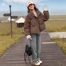 韩版咖色格纹短款羽绒服女2025年冬季新款显瘦保暖立领白鸭绒外套，女装羽绒服，2C309