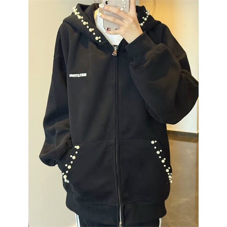 美式复古开衫拉链连帽卫衣女春秋2025新款慵懒风宽松休闲运动外套，女装短外套，星座506A