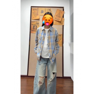 美式复古格纹长袖衬衫男女休闲外套痞帅衬衣外套新款LCS133-P36图片