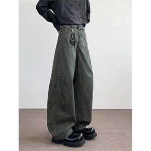 美式高街弯刀休闲裤男设计感褶皱直筒裤子春夏潮流宽松阔腿工装裤图片