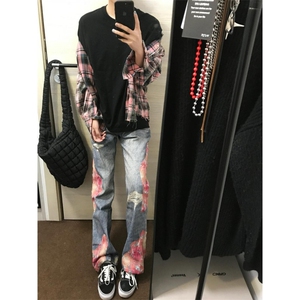 【有货】晚霞蕾丝拼接牛仔裤潮牌美式高街微喇裤子N0077LL-特P55图片