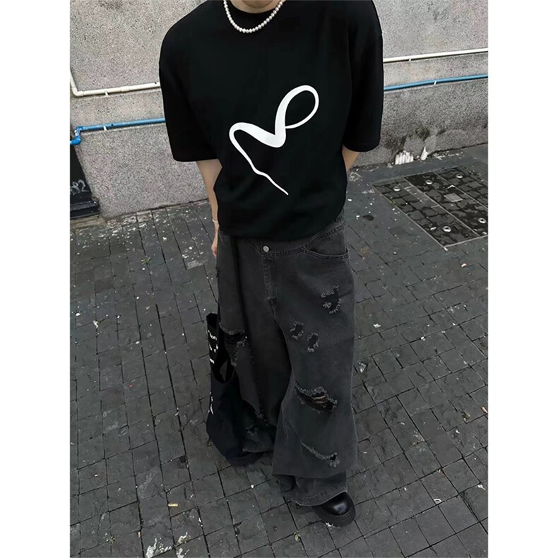 抖音得物供货210克现货宽松纯棉美式潮牌印花落肩袖纯棉T恤AT2195图片
