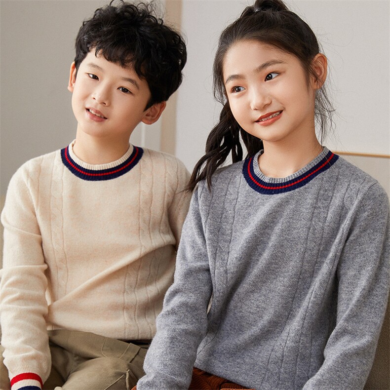 时尚儿童羊毛衫秋冬新款彩条拼色长袖圆领毛衣男女童保暖针织衫，童装儿童羊毛衫，顺友羊绒童装