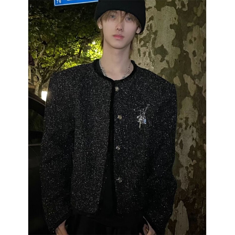 现货JY154-P88气质轻奢亮丝小香风外套男垫肩金属饰品设计感夹克,男装夹克,星座1501-3