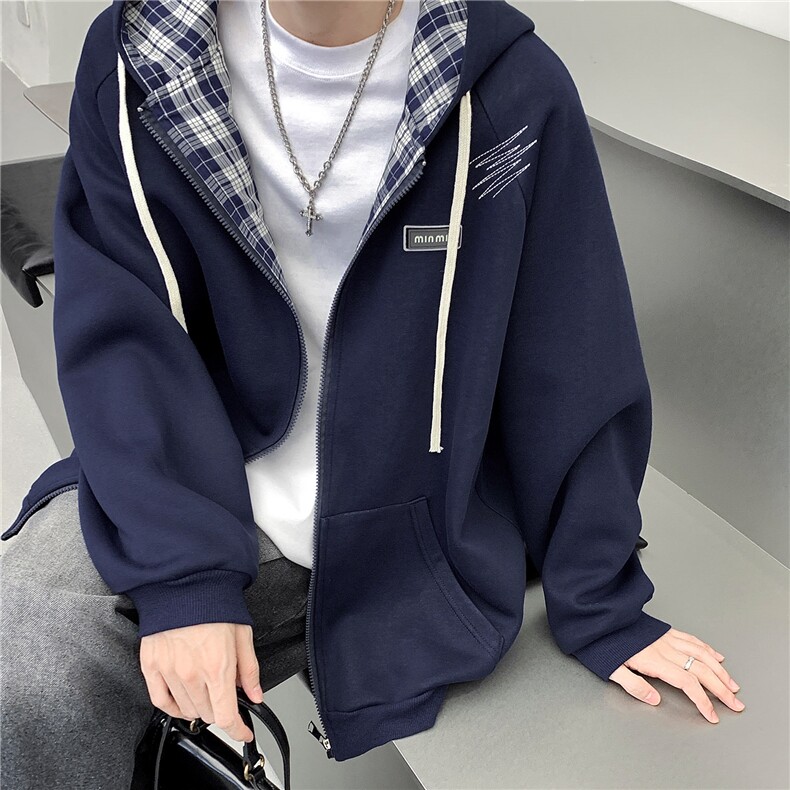 港风2026秋装新款连帽开衫卫衣潮流秋季男装格子拼接外套S339-P78,女装短外套,电商A233-1