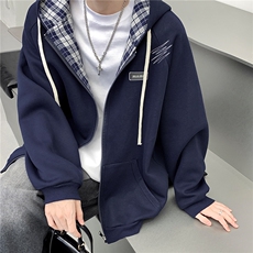 港风2026秋装新款连帽开衫卫衣潮流秋季男装格子拼接外套S339-P78，女装短外套，电商A233-1