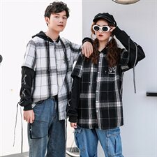 709-C809-P752021春秋季新款情侣连帽宽松休闲格子衬衫外套男，男装衬衫，星座709