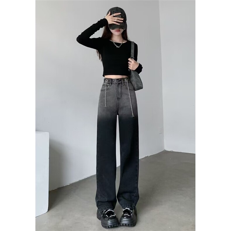 渐变色阔腿牛仔裤女2025夏季新款高腰直筒宽松垂感小个子拖地长裤,男装牛仔裤,星座506A