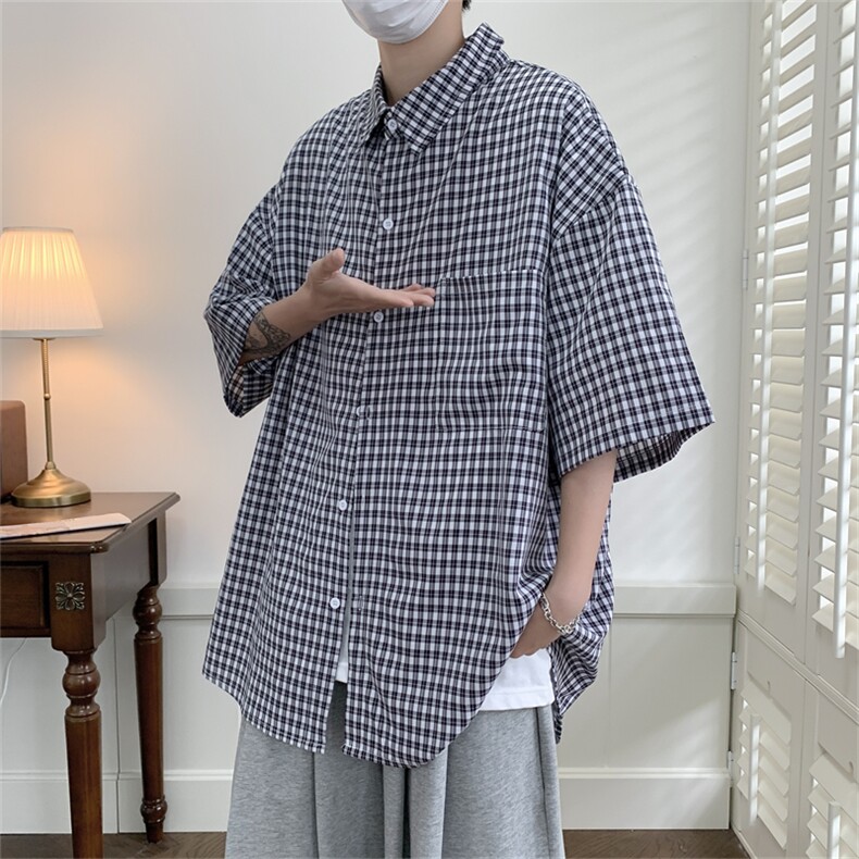2025夏季新款格子宽松大码短袖衬衫潮衬衣A017C10P45,男装T恤,电商A017