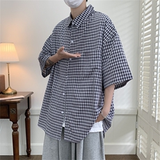 2025夏季新款格子宽松大码短袖衬衫潮衬衣A017C10P45，男装T恤，电商A017