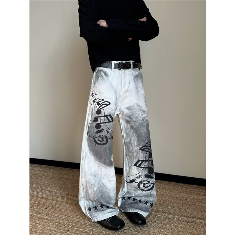 复古蓝微垮牛仔裤男美式高街涂鸦印花宽松小直筒长裤子，男装牛仔裤，星座410-7