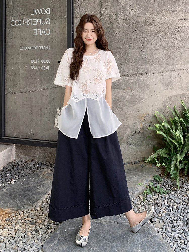 慵懒风薄纱拼接T恤套装女2025夏新款设计感宽松休闲阔腿裤两件套,女装套装/套裙,浙宝192（原082）