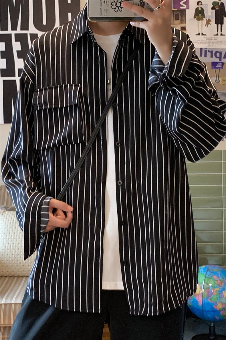 C3082/P40秋装新款条纹长袖衬衣男立体口袋工装大码衬衫男四季款,男装衬衫,电商A141