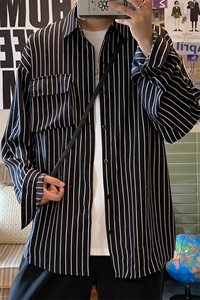 C3082/P40秋装新款条纹长袖衬衣男立体口袋工装大码衬衫男四季款图片