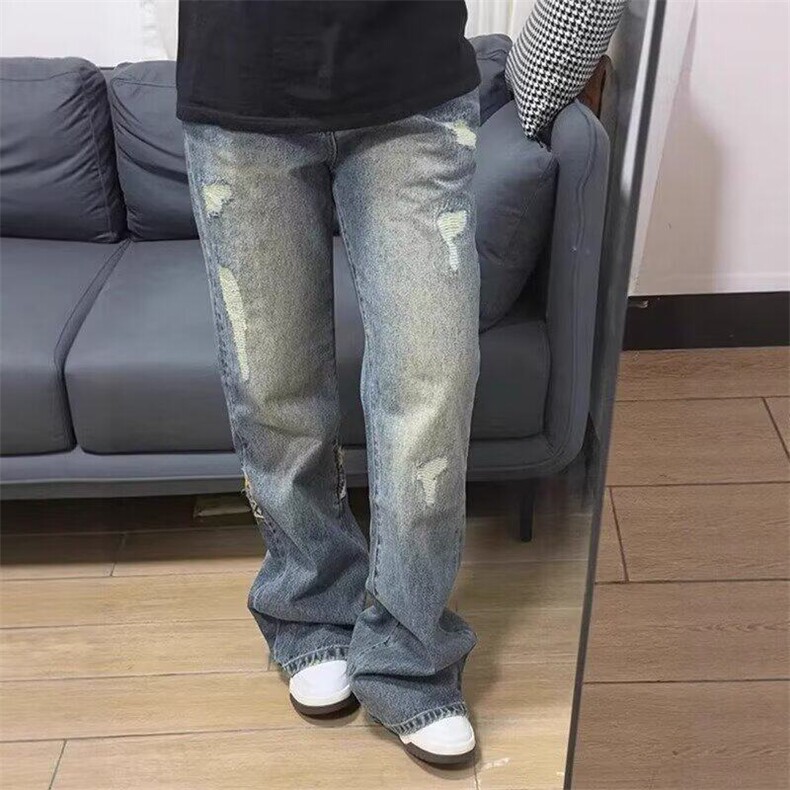 美式复古显瘦高街风格裤子男ins民族风腰果花拼色磨毛直筒牛仔裤,男装牛仔裤,星座813-3