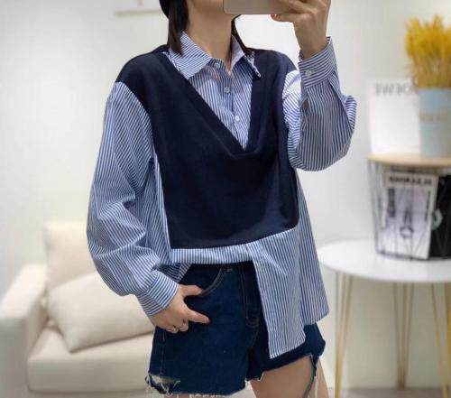 秋季新款韩版新款拼色百搭打底衫衬衫，女装衬衫，久久索衣缘