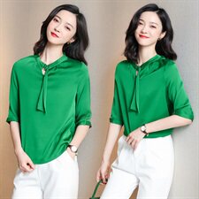 老敏哥【优雅从容】100重磅百搭飘带立领桑蚕丝双绉真丝上衣女，女装衬衫，阿舍尔精品