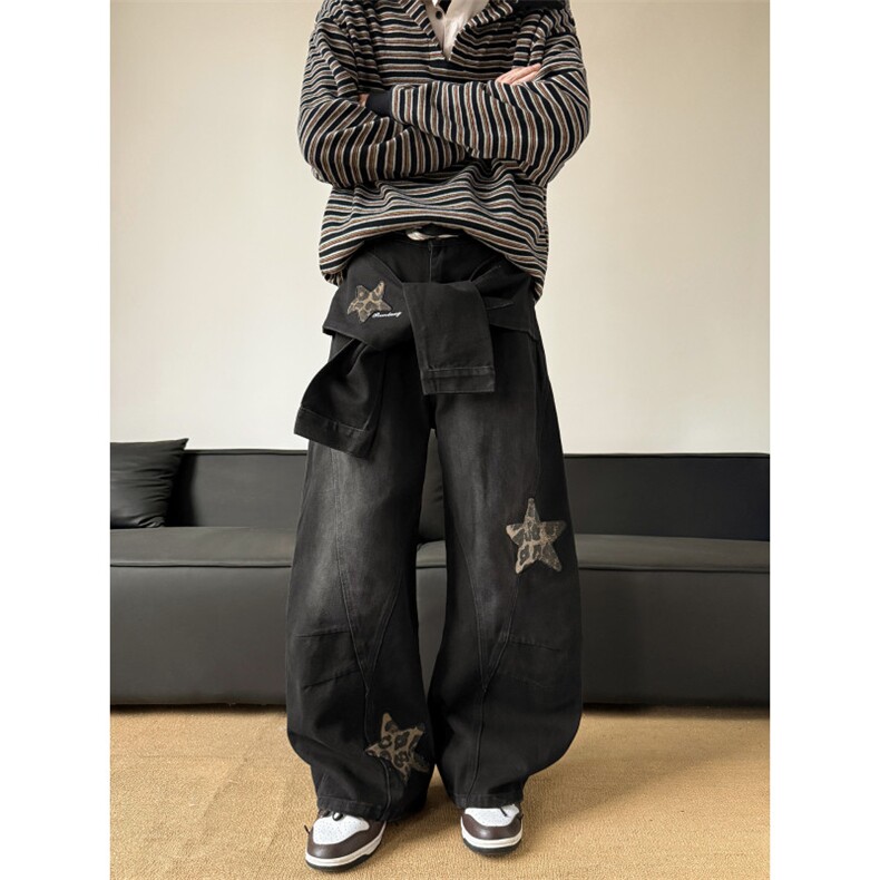 美式hiphop豹纹星星刺绣弯刀牛仔裤男女宽松直筒嘻哈绑带阔腿裤图片