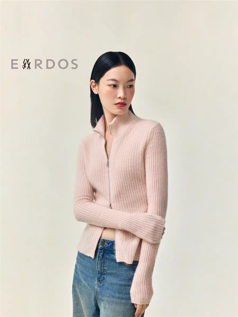 2025年秋季时尚百搭通勤简约休闲大克重抽条开衫紧密织法，女装针织衫/毛衣，初韵羊绒