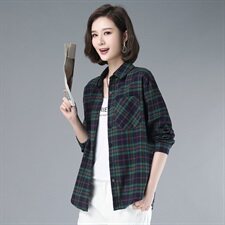 2021年春季排多扣格子衬衫直筒通勤长袖衬衣，女装衬衫，伊满意