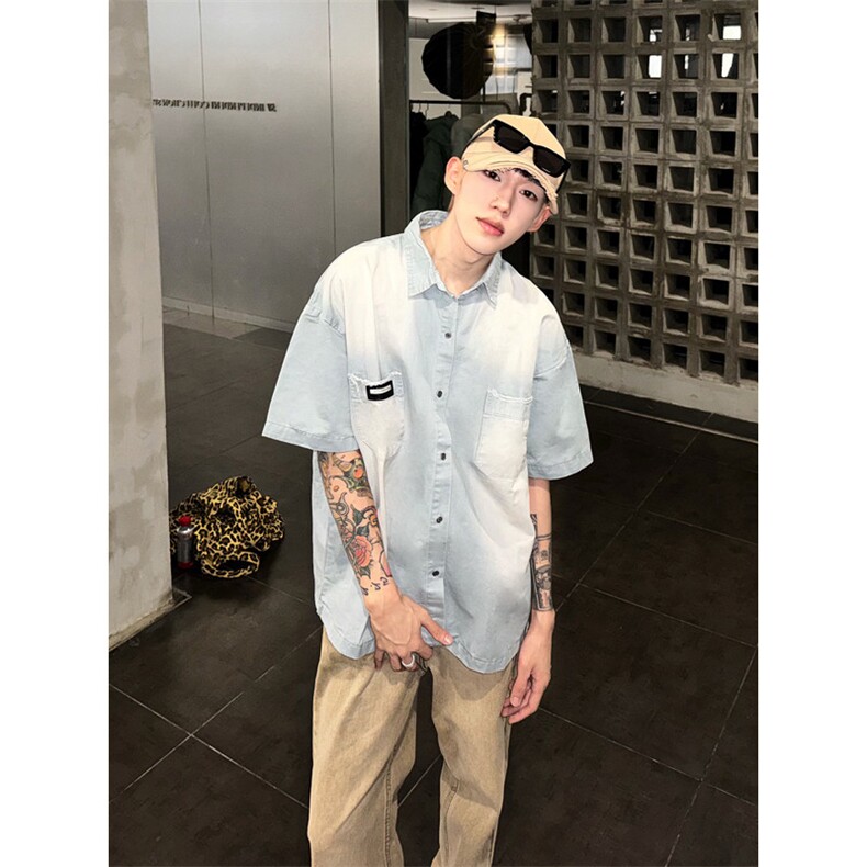 美式复古潮牌水洗设计感短袖衬衫学院风情侣衬衣男上衣CS155-p52,男装T恤,星座1008