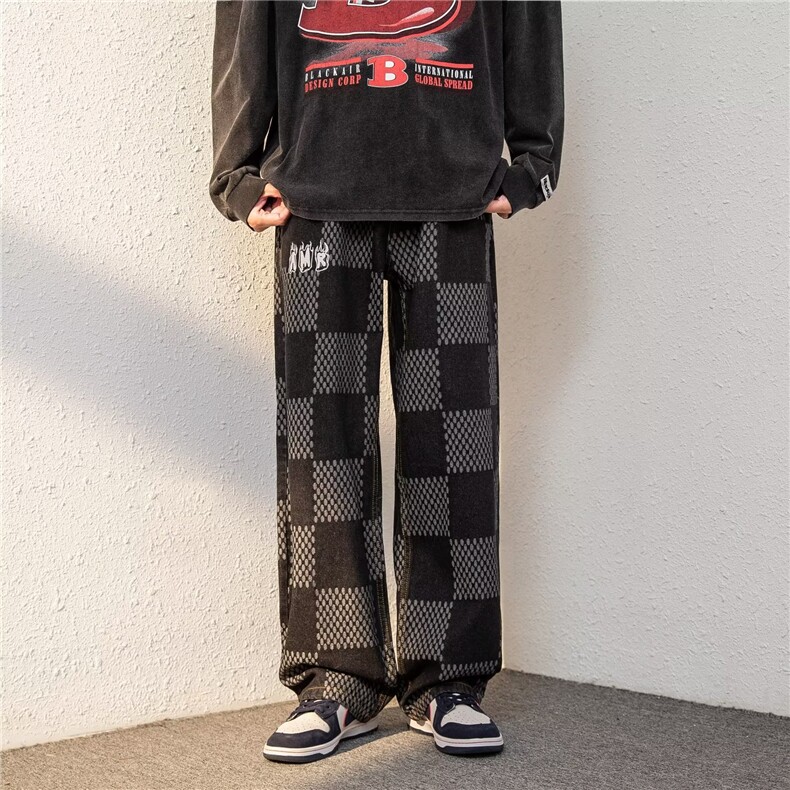 牛仔裤男韩版潮流高街格子2026春夏新款ins宽松长裤K2843-P41,男装牛仔裤,星座412