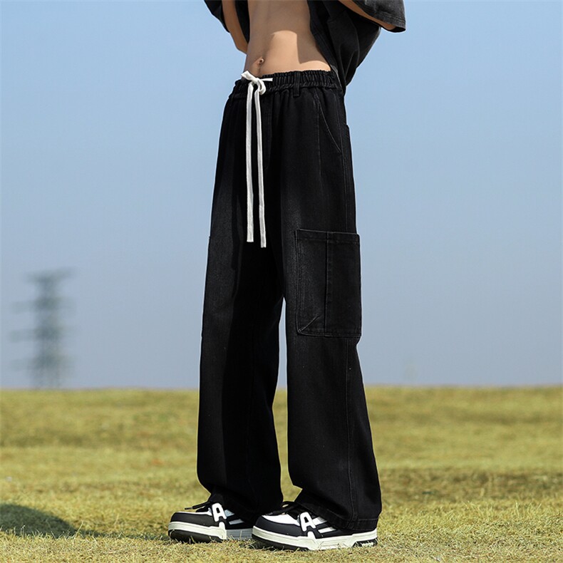 美式高街vibe牛仔裤男女春夏潮牌工装直筒阔腿裤子-BK810-P55黑色,男装牛仔裤,星座307-3(原516-1)