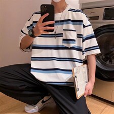男圆领T恤宽松短袖口袋条纹五分袖T004P23，男装T恤，星座1116-2