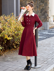 红色法式气质连衣裙女春季长袖2025新款漂亮拼接收腰显瘦连衣裙，女装连衣裙，韩美纤衣