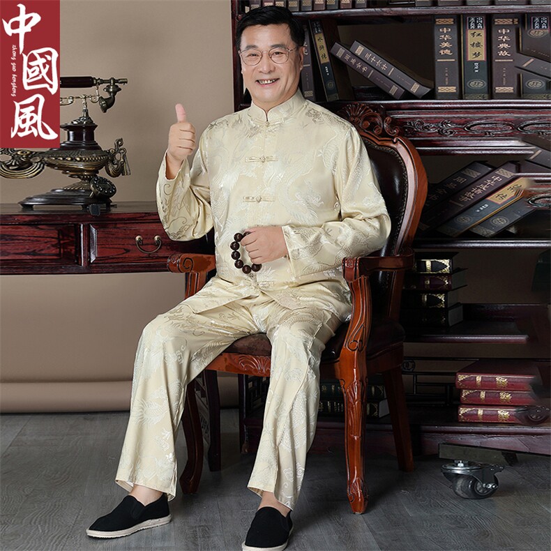 长年货风中老年唐装男士春秋真丝套装长袖丝绸衬衫太极服,男装衬衫,钱塘723