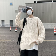 圆领麻花套头毛衣鹿毛绒秋冬外穿复古宽松慵懒风针织衫M7118，男装针织衫/毛衣，星座1116A-1（原606A）