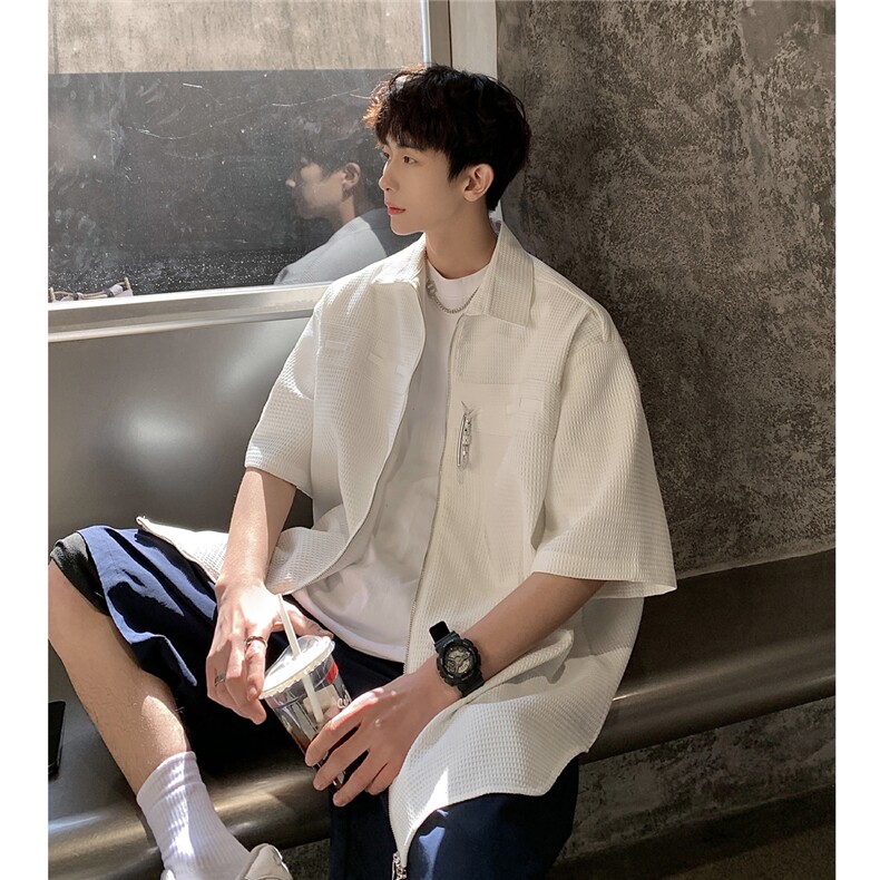 1港风华夫格短袖衬衫男大码金属纽扣装饰短袖衬衣DCS8769P45控68，男装衬衫，星座226-2