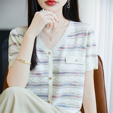 今年新款2025夏显瘦减龄百镂空彩色条纹针织衫V领短袖上衣女上衣，女装针织衫/毛衣，皓宇羊绒