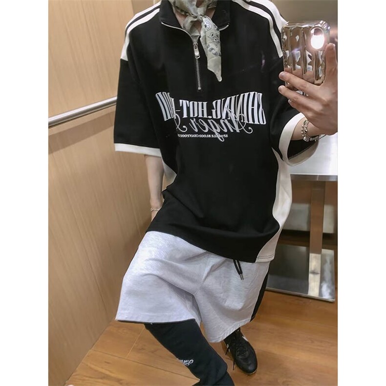 网络图现货翻领半拉链宽松慵懒短袖上衣拼色运动半袖T恤RT08-P55,男装T恤,星座1005-6