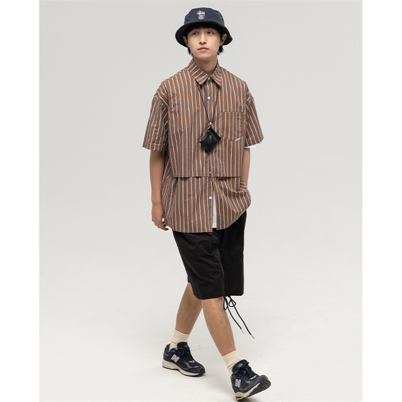 南夏乔装2025夏季新款拼色竖条纹翻领短袖衬衫日系复古宽松半袖男,男装T恤,电商S006（B521）