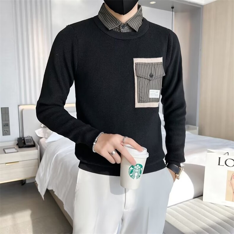 春秋季新款毛衣男修身加厚潮流拼接假两件圆领保暖针织衫男S533,男装针织衫/毛衣,星座1116A-2（原606A-1）