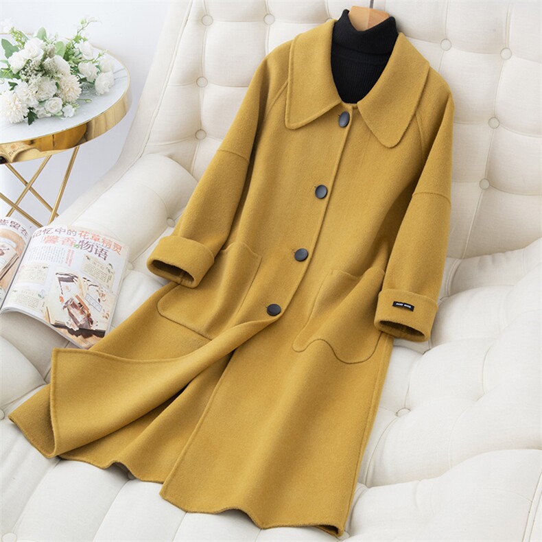 新款秋冬季绵羊毛大衣女女士韩版时尚流行羊毛呢外套，女装双面呢大衣，温鑫双面呢